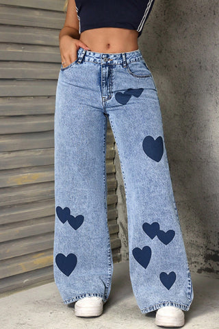 Wide Leg Heart Pattern Jeans