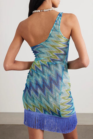 One-Shoulder Fringe Hem Mini Dress