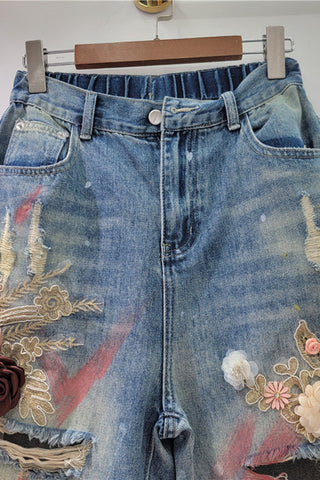 Distressed Floral Embellished Denim Shorts