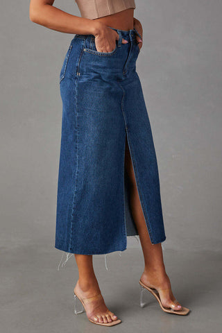 High-Slit Denim Midi Skirt