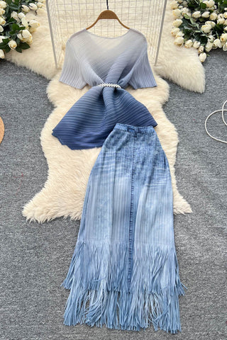 Pleated Top and Fringed Skirt Set