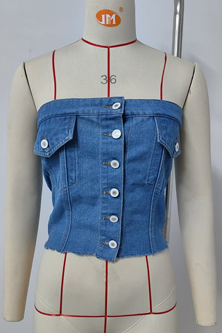 Button-Front Strapless Denim Top