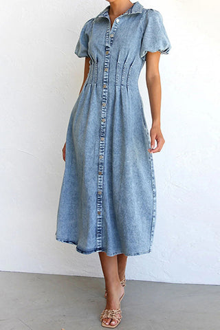 Button-Front Denim Midi Dress