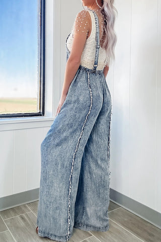 Wide-Leg Denim Overall Jumpsuit