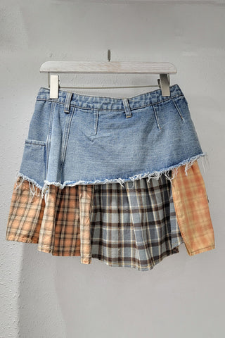 Denim and Plaid Layered Mini Skirt