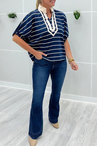 Striped Stand Collar Dolman Sleeve Top