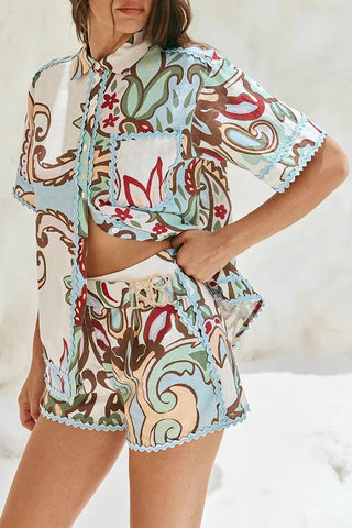 Patterned Short Set with Scalloped Edges