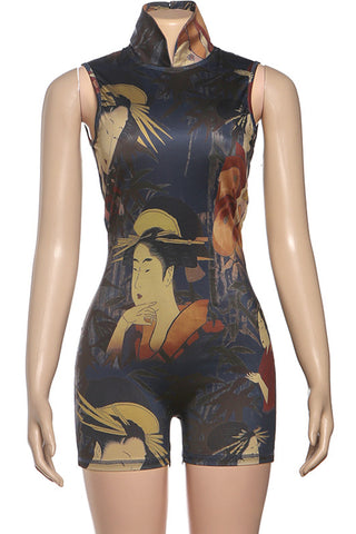 High Neck Printed Sleeveless Romper