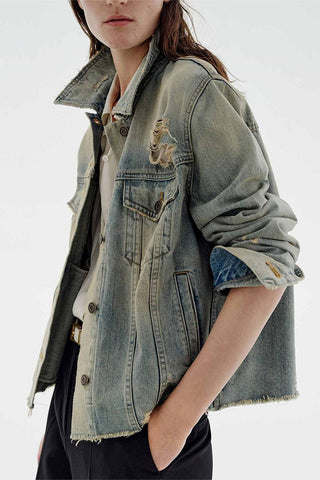 Distressed Denim Jacket with Button Closure