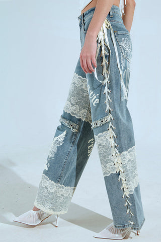 Lace Accent Straight Jeans