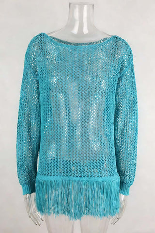 Off-Shoulder Mesh Fringe Cover-Up