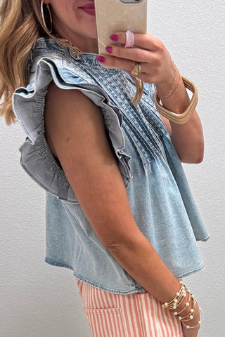 Ruffle-Sleeve Denim T-Shirt