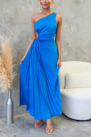 One-Shoulder Cutout Pleated Midi Dress