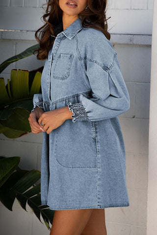 Smocked Cuffs Flared Denim Shirt Dress