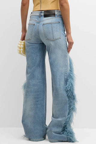Feather-Trim Straight Leg Denim Jeans