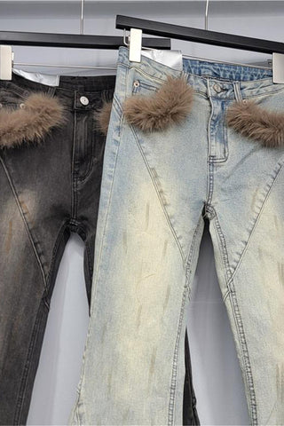 Fur-Trim Flare Jeans