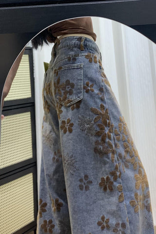 Floral Pattern Wide Leg Denim Jeans