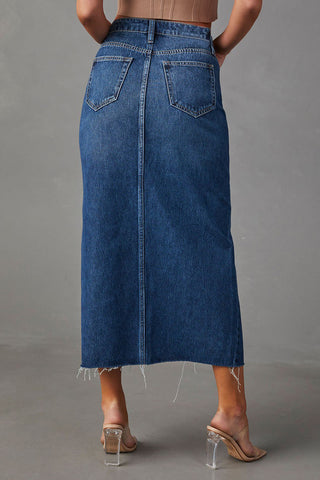 High-Slit Denim Midi Skirt