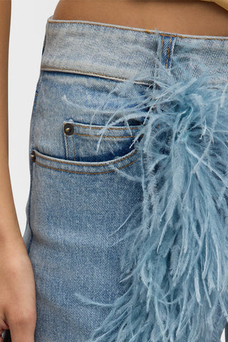 Feather-Trim Straight Leg Denim Jeans