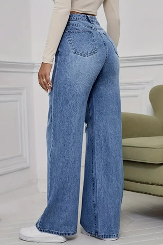 High-Waisted Ripped Straight Jeans