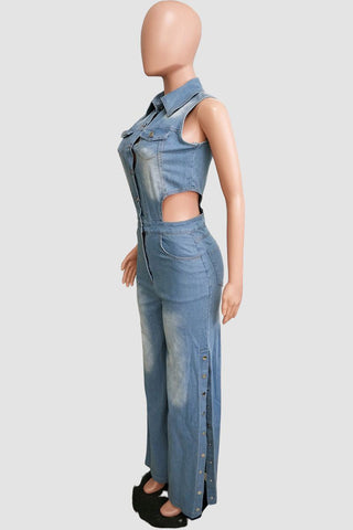 Button-Detail Flare Leg Jumpsuit