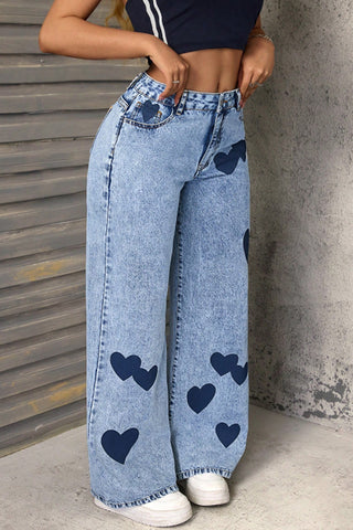 Wide Leg Heart Pattern Jeans