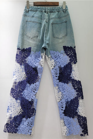 Lace-Panel Straight Jeans