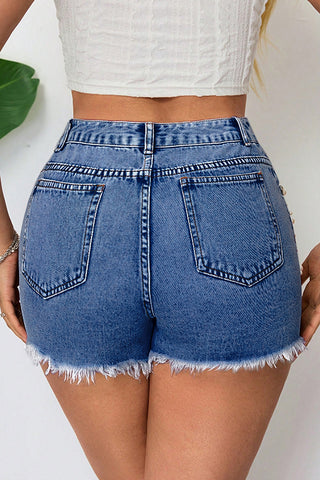 Pearl-Studded Distressed Denim Shorts