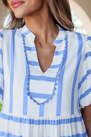 Ricrac Trim Notched Neck Half Sleeve Dress