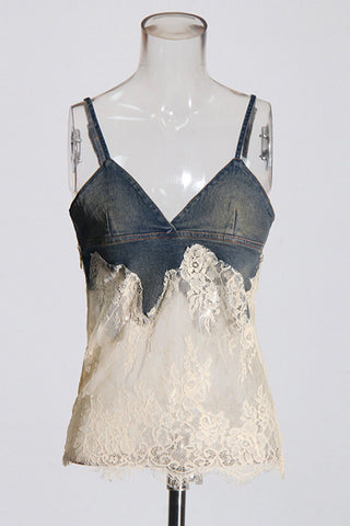 Lace Overlay Denim Camisole Top