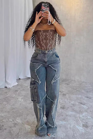 Distressed Straight-Leg Jeans with Stitch Details