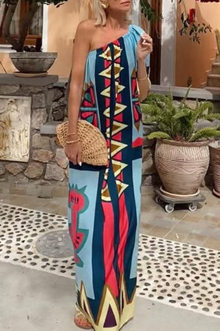 One-Shoulder Geometric Vacation Dress