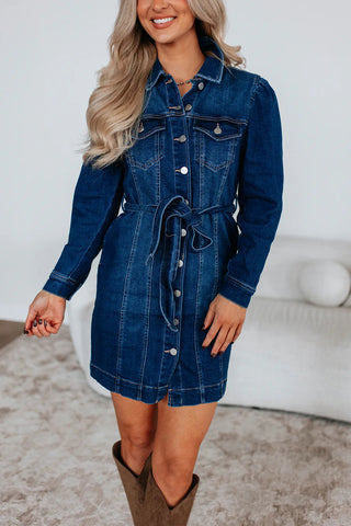 Button-Front Denim Dress with Belt