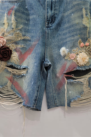 Distressed Floral Embellished Denim Shorts