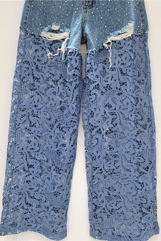 Lace-Overlay Distressed Wide Leg Jeans