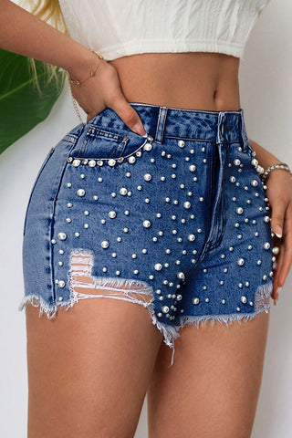 Pearl-Embellished Distressed Denim Shorts