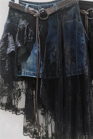 Asymmetric Denim and Lace Skirt