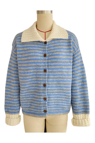 Striped Button Cardigan with Contrasting Collar