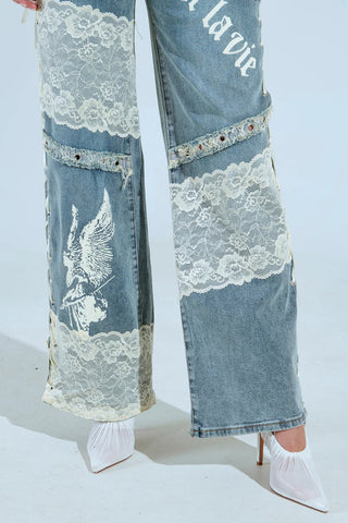 Lace-Detail Straight Jeans with Text Print