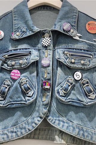 Trendy Cropped Denim Jacket with Pins