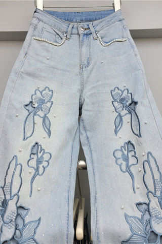 Floral Embellished Wide Leg Jeans