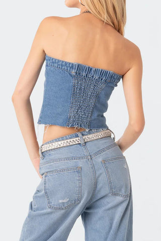 Button-Front Denim Bustier Top