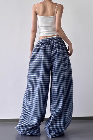 Wide-Leg Gingham Casual Pants