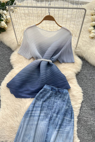 Pleated Top and Fringed Skirt Set