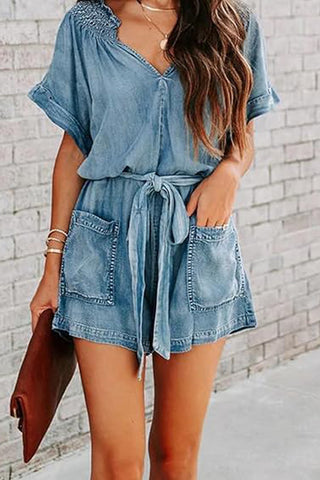 Tie-Waist Denim Romper