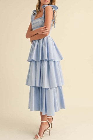 Tiered Dress with Bow Tie Straps