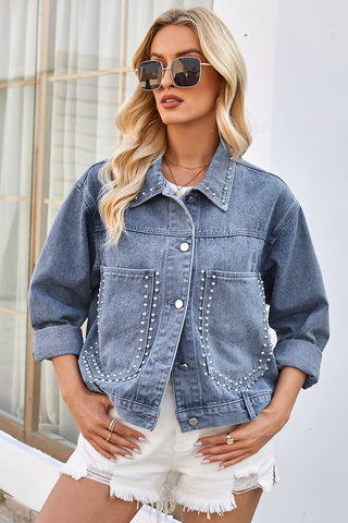 Studded Button-Front Denim Jacket
