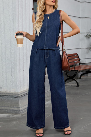 Chic Sleeveless Denim Top and Pants Set
