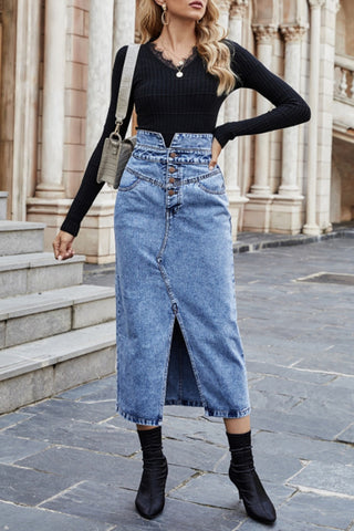 High-Waist Button Front Denim Skirt