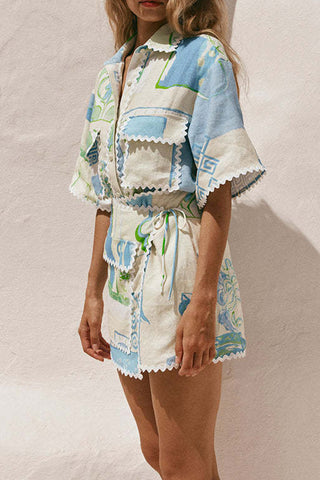 Belted Scarf Print Shirt Romper